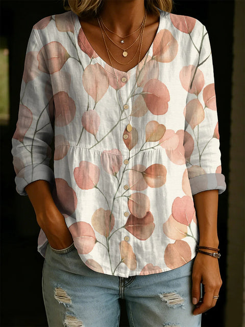 Crew Neck Women's Floral 3D Printed Women's Henley Shirt m302611