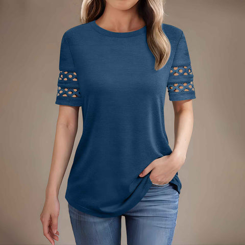 Summer new lace splicing short-sleeved t-shirt crew neck top m301942