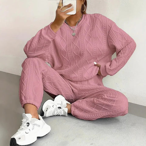 Women's twist splicing long-sleeved crew neck top corset trousers two-piece set m302008