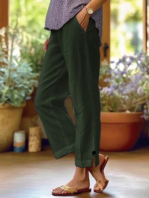Women's cotton and linen loose solid color elastic waist pocket straight casual pants m301424