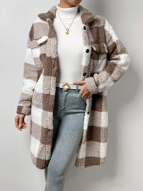 Open-button lapel plush plaid jacket loose temperament commuter long coat women m300360