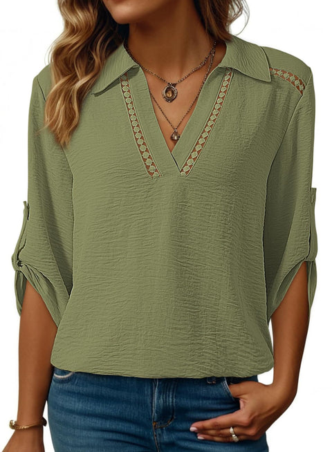Casual solid color POLO hollow V-neck seven-quarter sleeve versatile women's top m302349