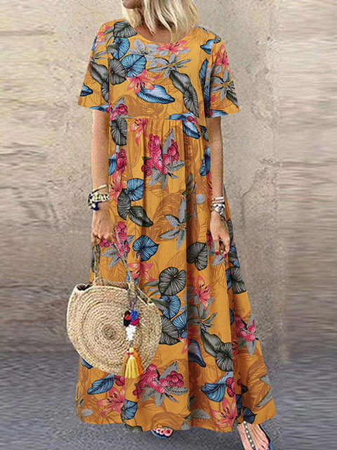 Long dress Amazon round neck casual women's retro floral print loose short sleeve m301972