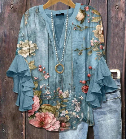 Digital printing casual trend V-neck lotus edge T-shirt women's m302725-1