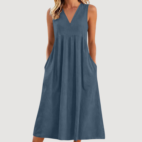 Solid color pullover V-neck sleeveless cotton loose dress m302773
