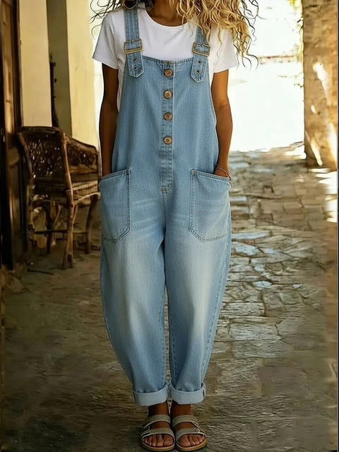 Stylish retro old loose women's casual denim jumpsuit with adjustable buckle m302836