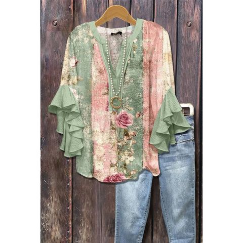 Floral element printing digital printing casual trend V-neck lotus edge T-shirt women's upper m302746