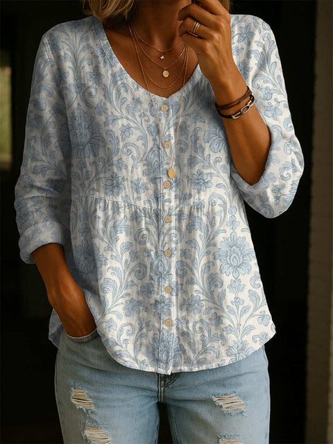 Crew Neck Women's Floral 3D Printed Women's Henley Shirt m302611