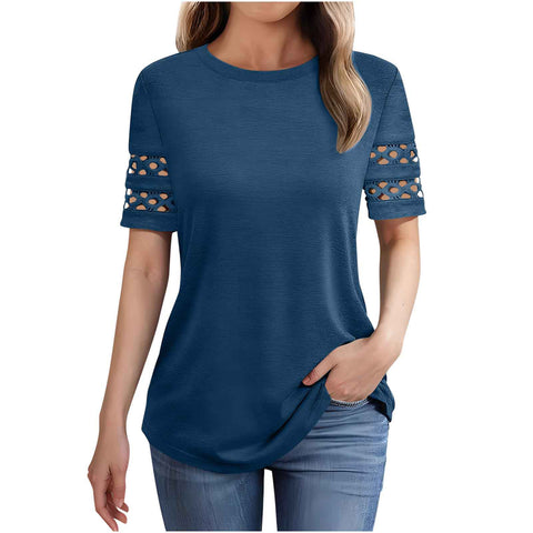 Summer new lace splicing short-sleeved t-shirt crew neck top m301942