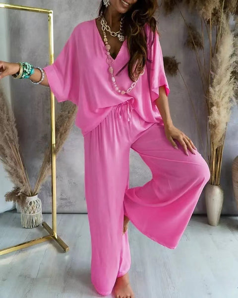 V-neck bat sleeve casual loose wide-leg pants suit women's m302414