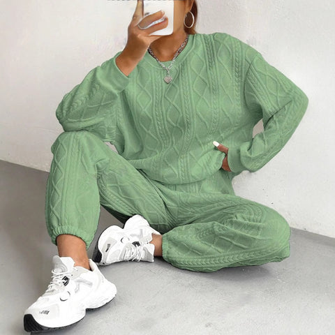 Women's twist splicing long-sleeved crew neck top corset trousers two-piece set m302008