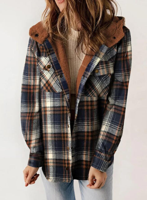 Women's plaid jacket long-sleeved hairy hooded jacket jacket with pockets m302153