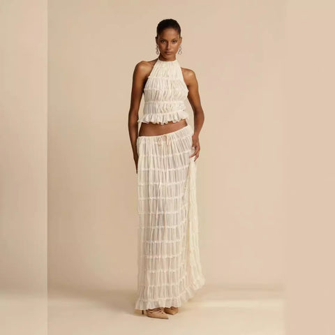 backless neck sling drawstring chiffon pleated long skirt two-piece set m301879