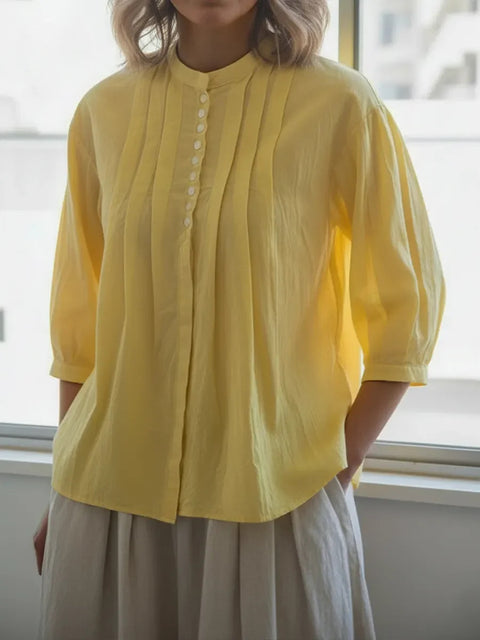 Women's cotton shirt solid color casual button-down pleated shirt m302690