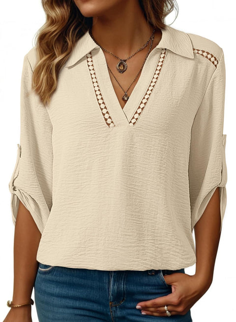 Casual solid color POLO hollow V-neck seven-quarter sleeve versatile women's top m302349