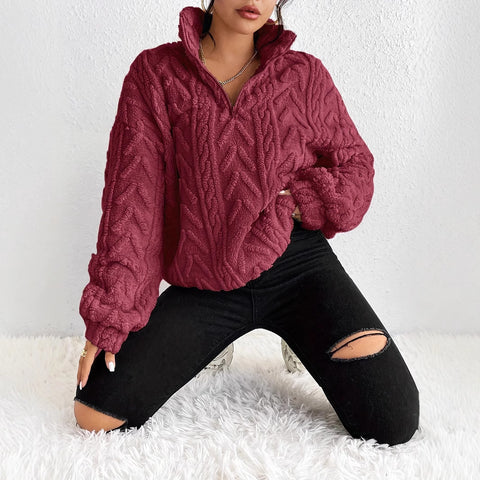 Double-sided plush latte casual zipper pullover top m302162
