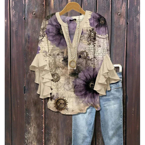 Floral element printing digital printing casual trend V-neck lotus edge T-shirt women's upper m302746