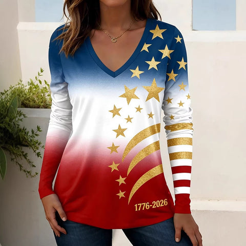 Short Sleeve V-Neck Long Sleeve T-Shirt Independence Day Element Print m302367