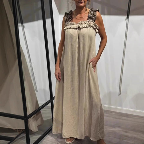 Popular vacation women's casual suspender splicing leopard print pocket cotton and linen dress m302050