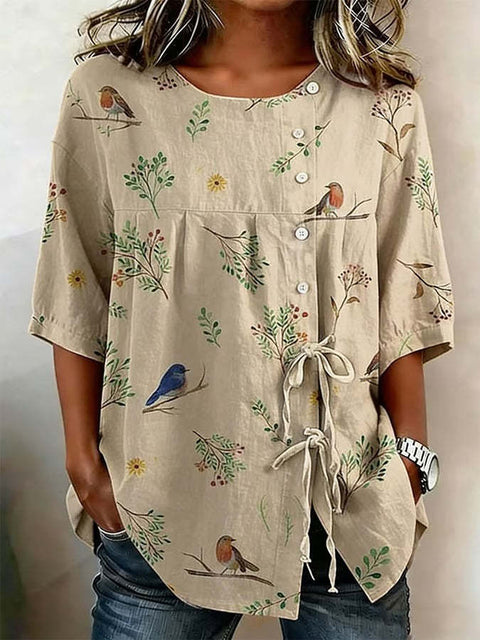 Temperament women's long-sleeved shirt printed top lace-up shirt m302925