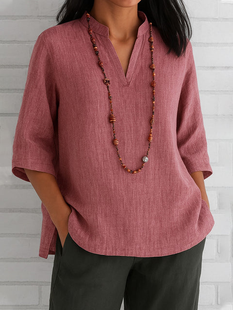 Women's V-neck seven-quarter-sleeved cotton and linen loose casual shirt m302068