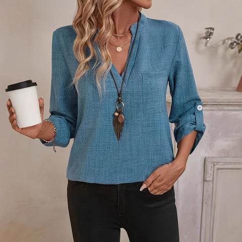 Solid color women's fashion casual nine-quarter sleeve notched V-neck shirt women's m301749