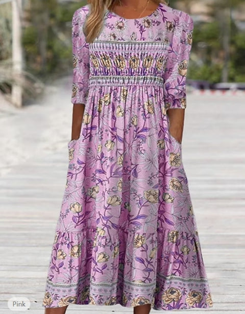 Ladies Casual Crew Neck Pullover Short Sleeve 3D Printing Pleated Waist Swing Long Dress Dress m301299