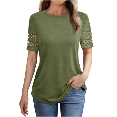 Summer new lace splicing short-sleeved t-shirt crew neck top m301942