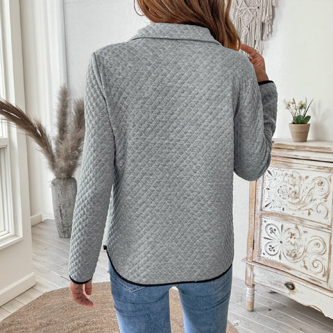 Waffle V-neck zipper semi-open pullover sweater casual solid color versatile texture top m300789