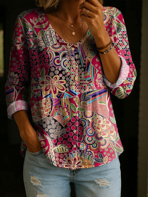 Crew Neck Women's Floral 3D Printed Women's Henley Shirt m302611