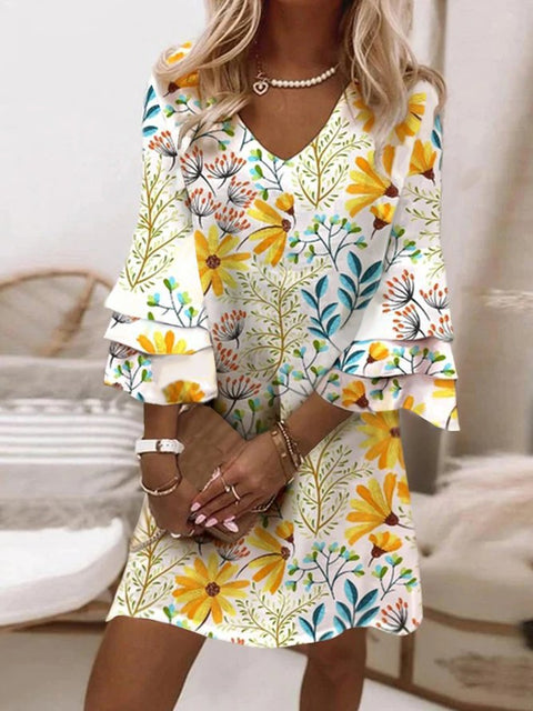 Fresh printed V-neck 3/4-sleeve mini women's dress m302854