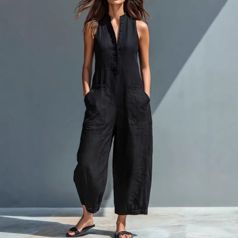 Sleeveless stand-up collar pocket jumpsuit m302843