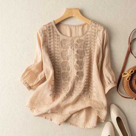 Summer thin embroidered top retro breathable cotton and linen short-sleeved t-shirt m302790