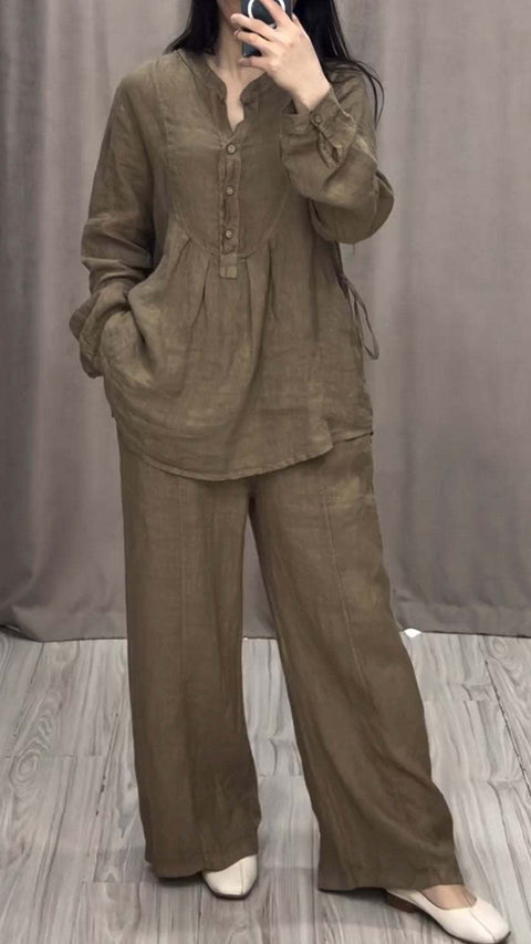 New fashionable and comfortable cotton and linen long-sleeved semi-open placket casual pleated wide-leg pants set m301930