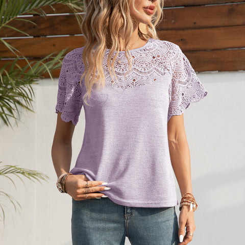 New European and American fashion crew neck lace splicing shoulder-plugged short-sleeved T-shirt top m302651