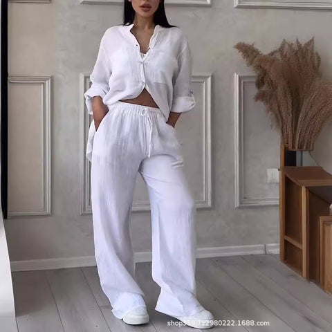 Casual cotton and linen solid color shirt drawstring wide-leg pants set m302317