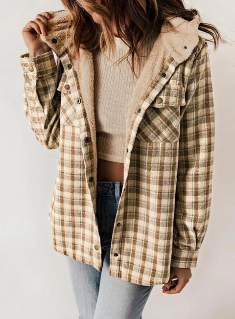 Women's plaid jacket long-sleeved hairy hooded jacket jacket with pockets m302153