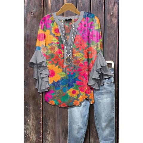 Floral element printing digital printing casual trend V-neck lotus edge T-shirt women's upper m302746