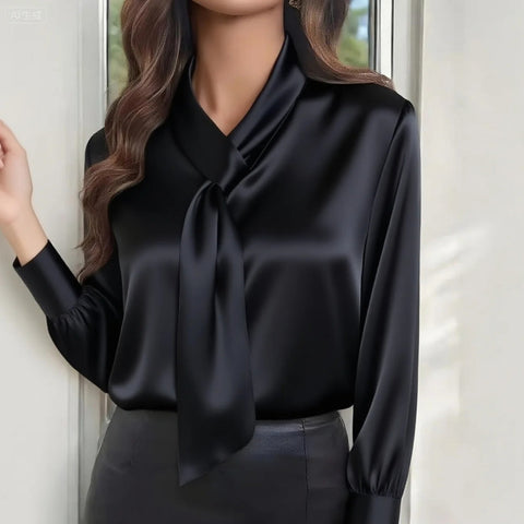 Autumn solid color fashion design sense streamer long sleeve shirt women's clothing m301975