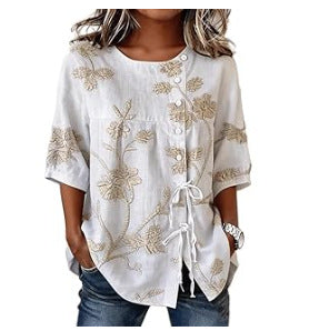 Temperament women's long-sleeved shirt printed top lace-up shirt m302925
