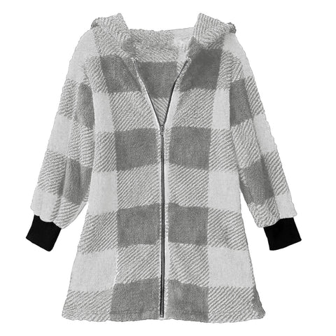 Long Sleeve Plaid Hooded Zipper Pocket Loose Jacket m302168