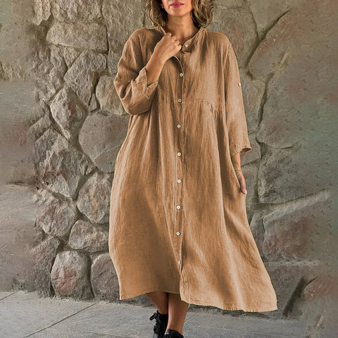 Cotton and linen solid color casual stand-up collar button long dress m301322
