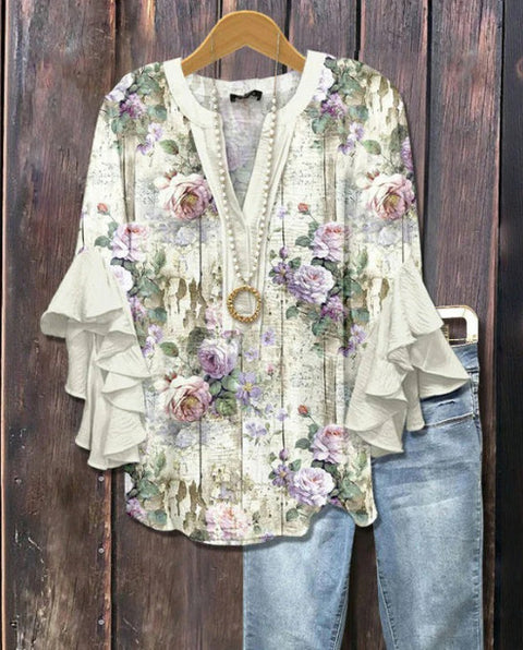 Digital printing casual trend V-neck lotus edge T-shirt women's m302725-1