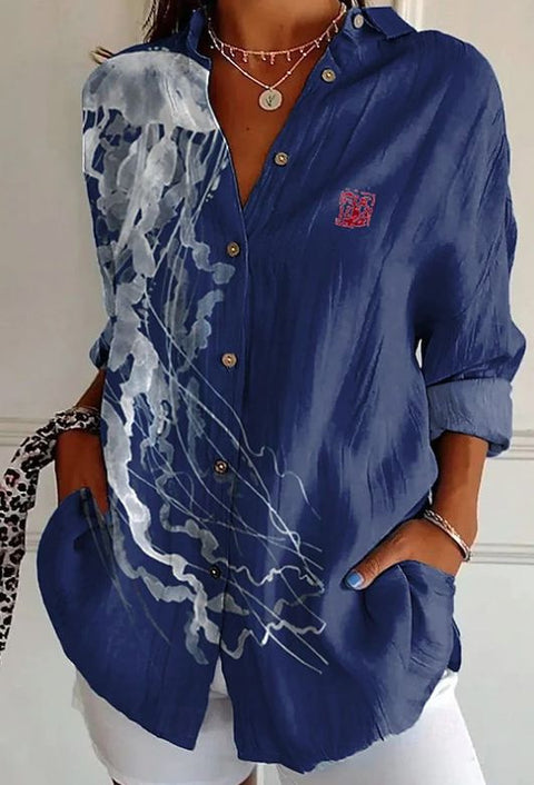 3D digital printing abstract pattern women's long-sleeved buckle linen shirt m302749-01