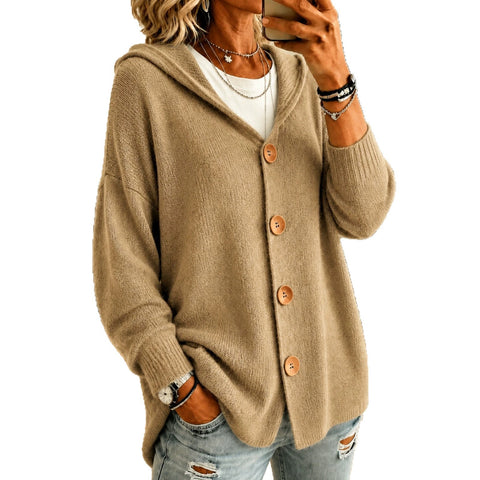 Knopf gestrickter Kapuzen-Cardigan Pullover Jacke m303202