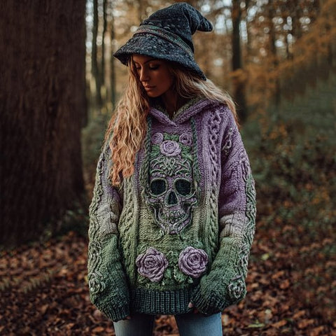 Autumn and winter loose hooded top casual shoulder retro women's printed sweater m302036