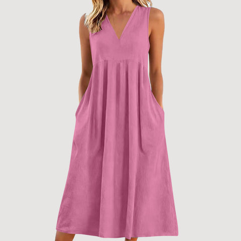 Solid color pullover V-neck sleeveless cotton loose dress m302773