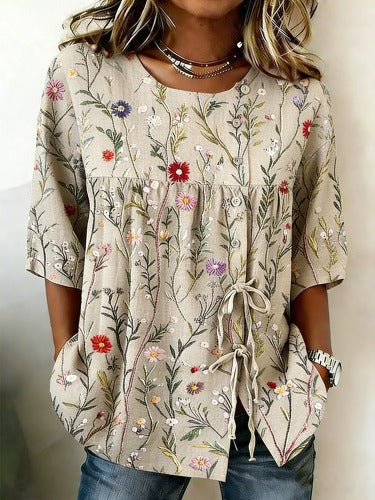 Temperament women's long-sleeved shirt printed top lace-up shirt m302925