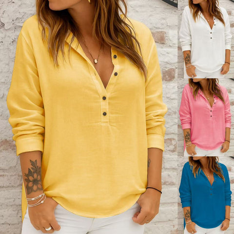 Casual loose fashion long-sleeved cotton and linen solid color retro lapel pullover shirt m302184
