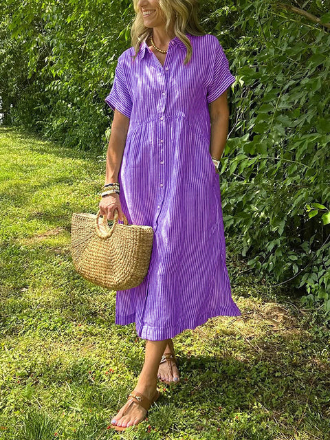 Loose large size striped short-sleeved shirt dress women's summer new casual cotton and linen medium and long skirt m302066